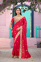 Resham Raaj Fandy Satin Embroidered Saree with Designer Blouse
