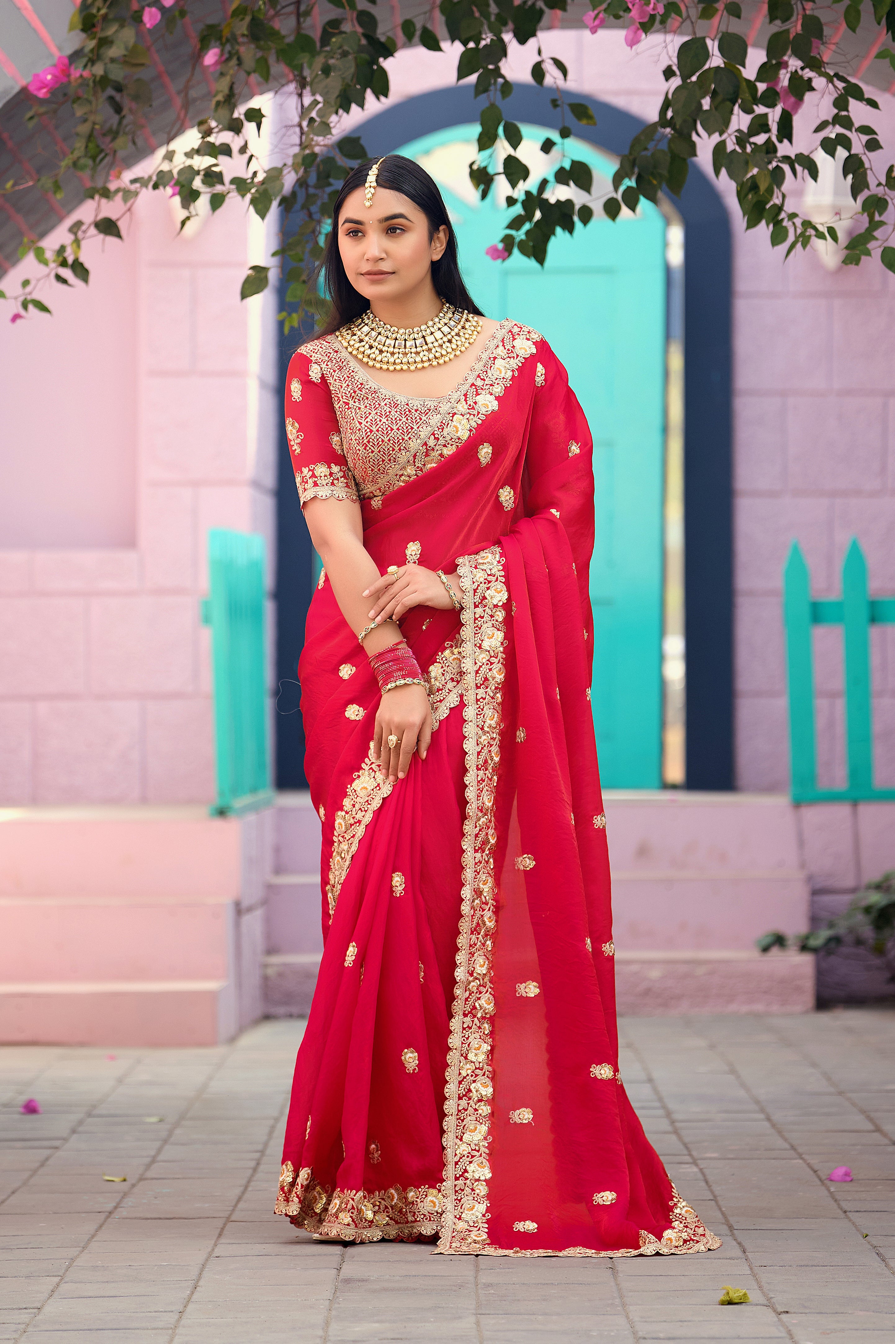 Resham Raaj Fandy Satin Embroidered Saree with Designer Blouse