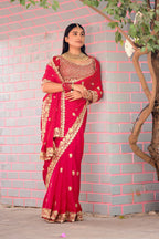 Resham Raaj Fandy Satin Embroidered Saree with Designer Blouse