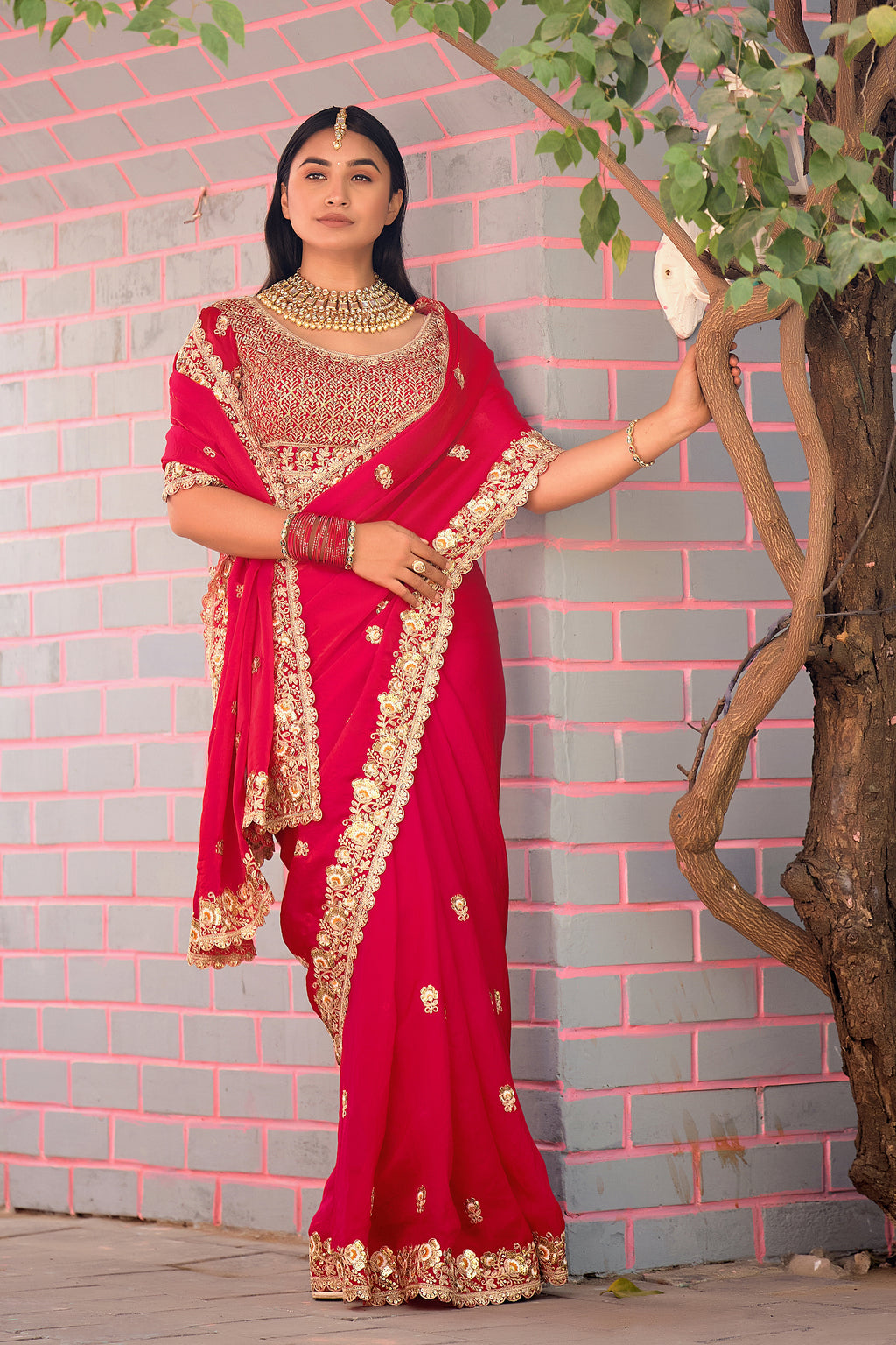 Resham Raaj Fandy Satin Embroidered Saree with Designer Blouse