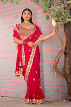 Resham Raaj Fandy Satin Embroidered Saree with Designer Blouse