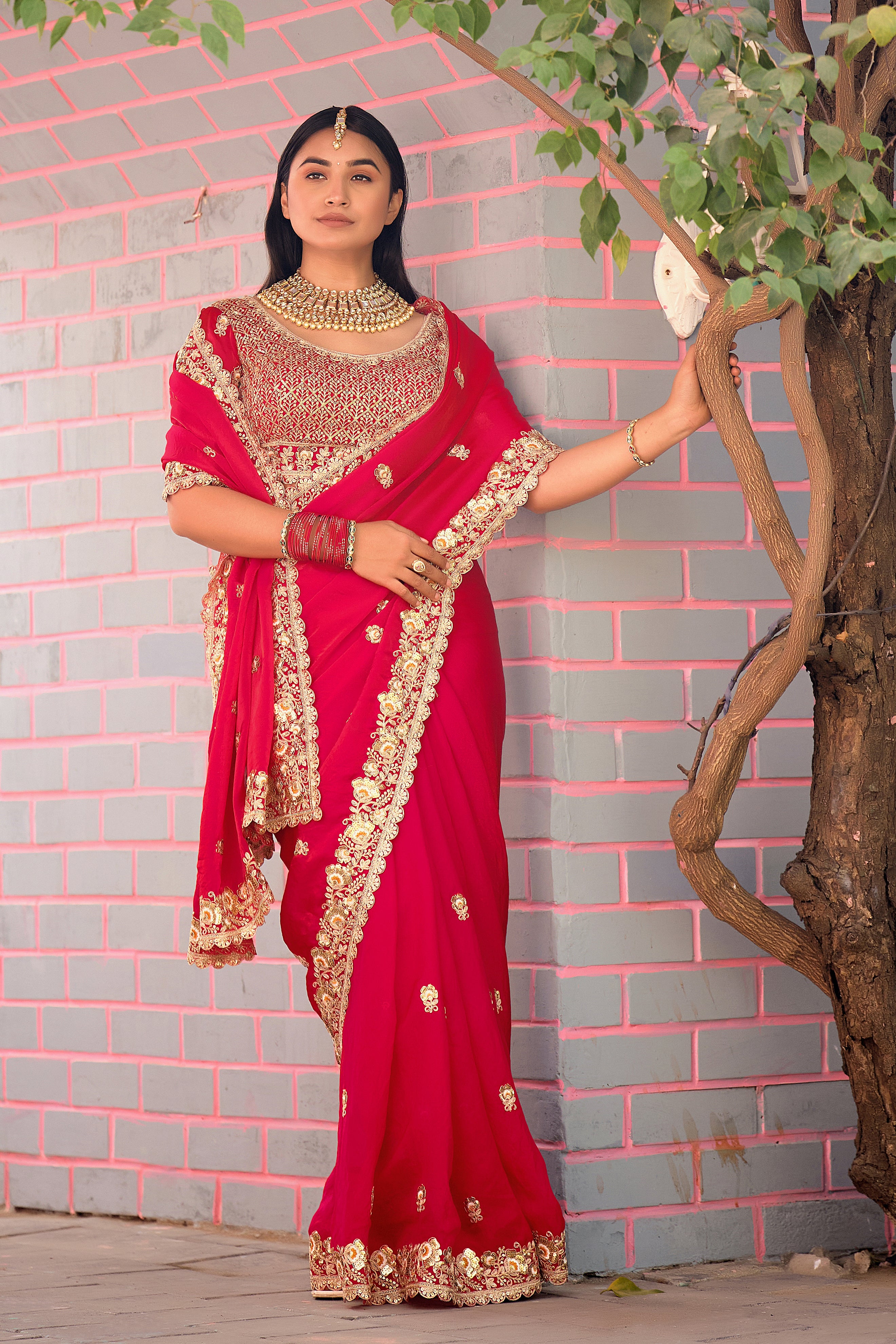 Resham Raaj Fandy Satin Embroidered Saree with Designer Blouse