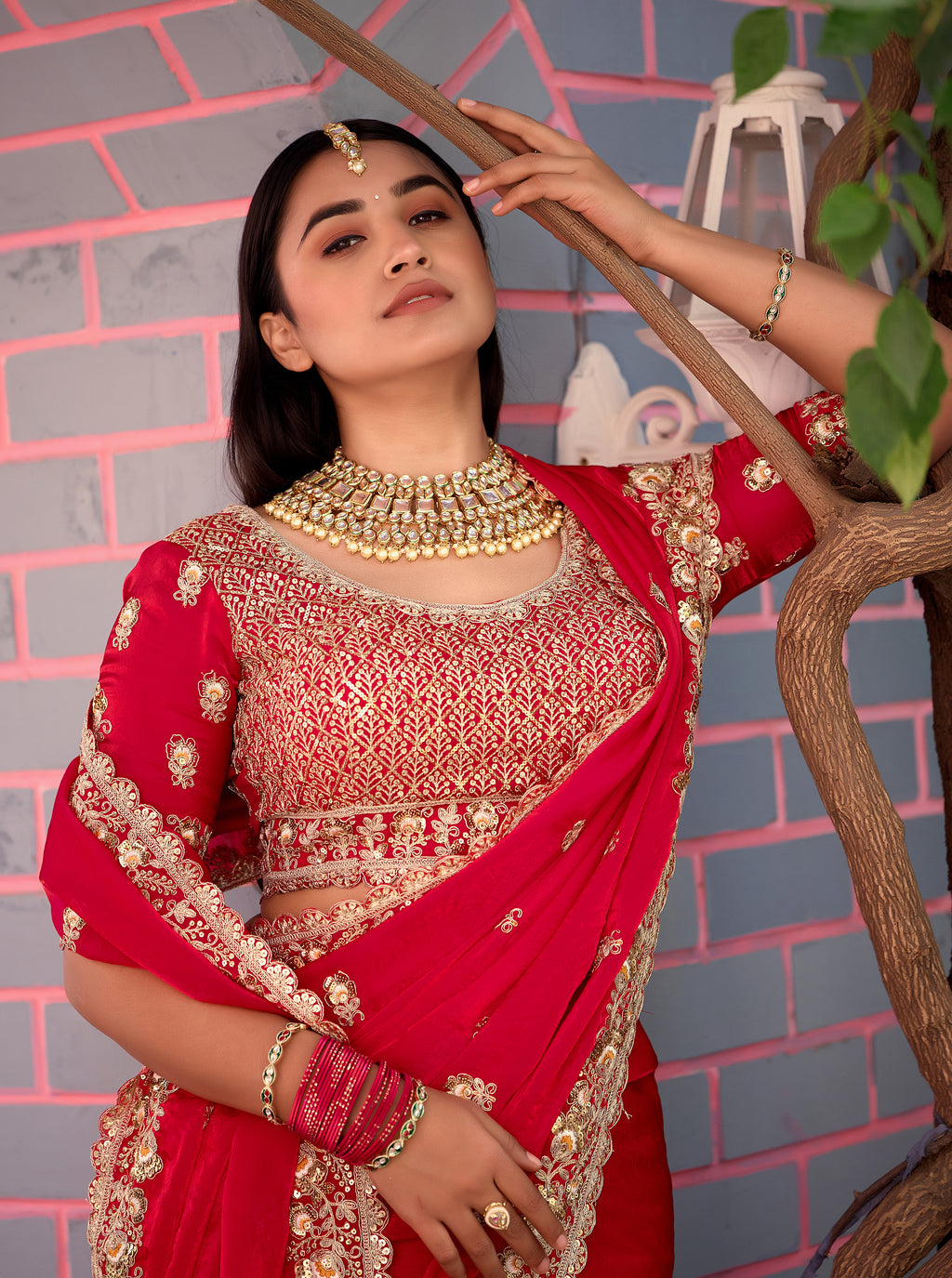 Resham Raaj Fandy Satin Embroidered Saree with Designer Blouse