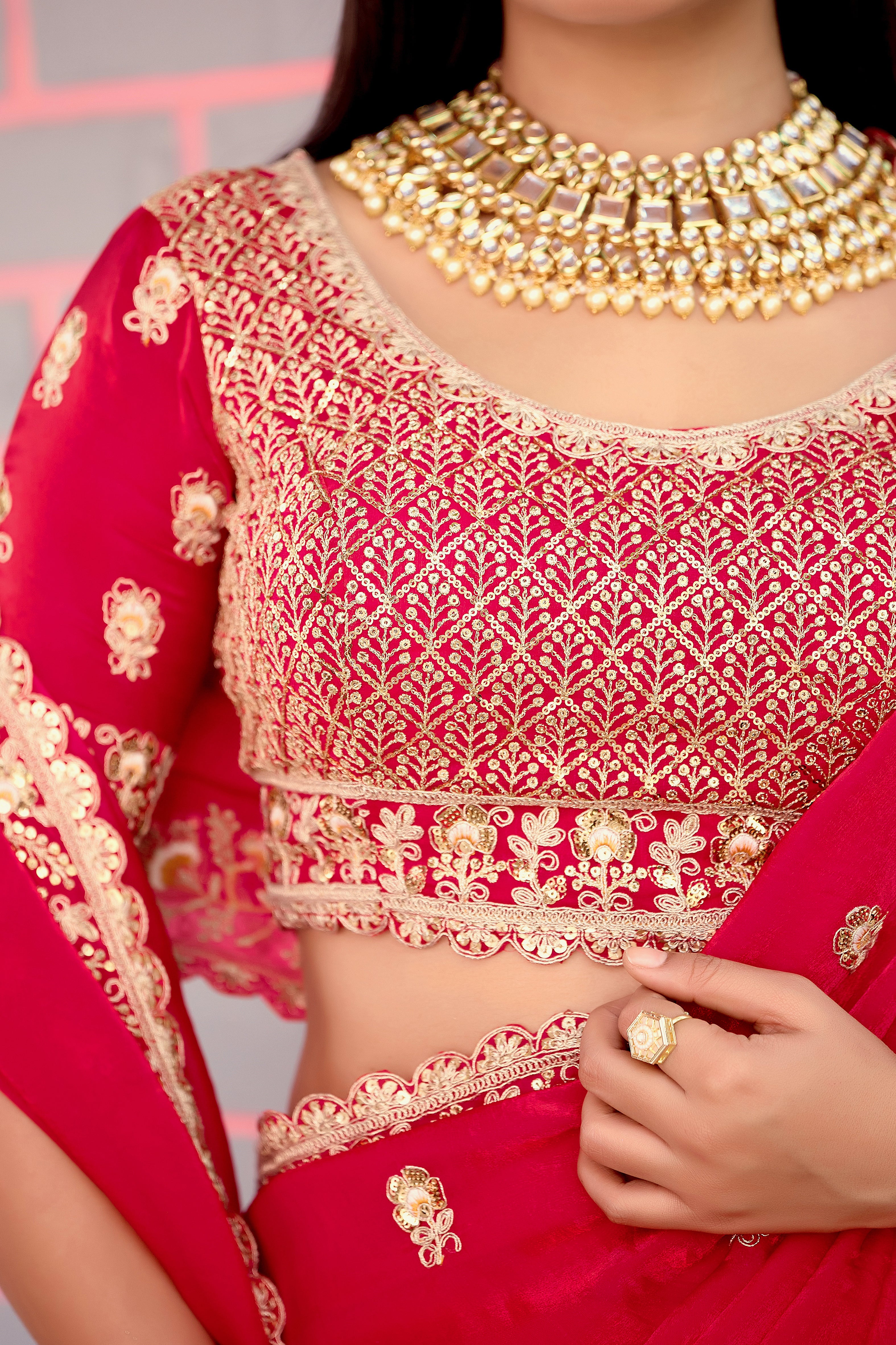 Resham Raaj Fandy Satin Embroidered Saree with Designer Blouse