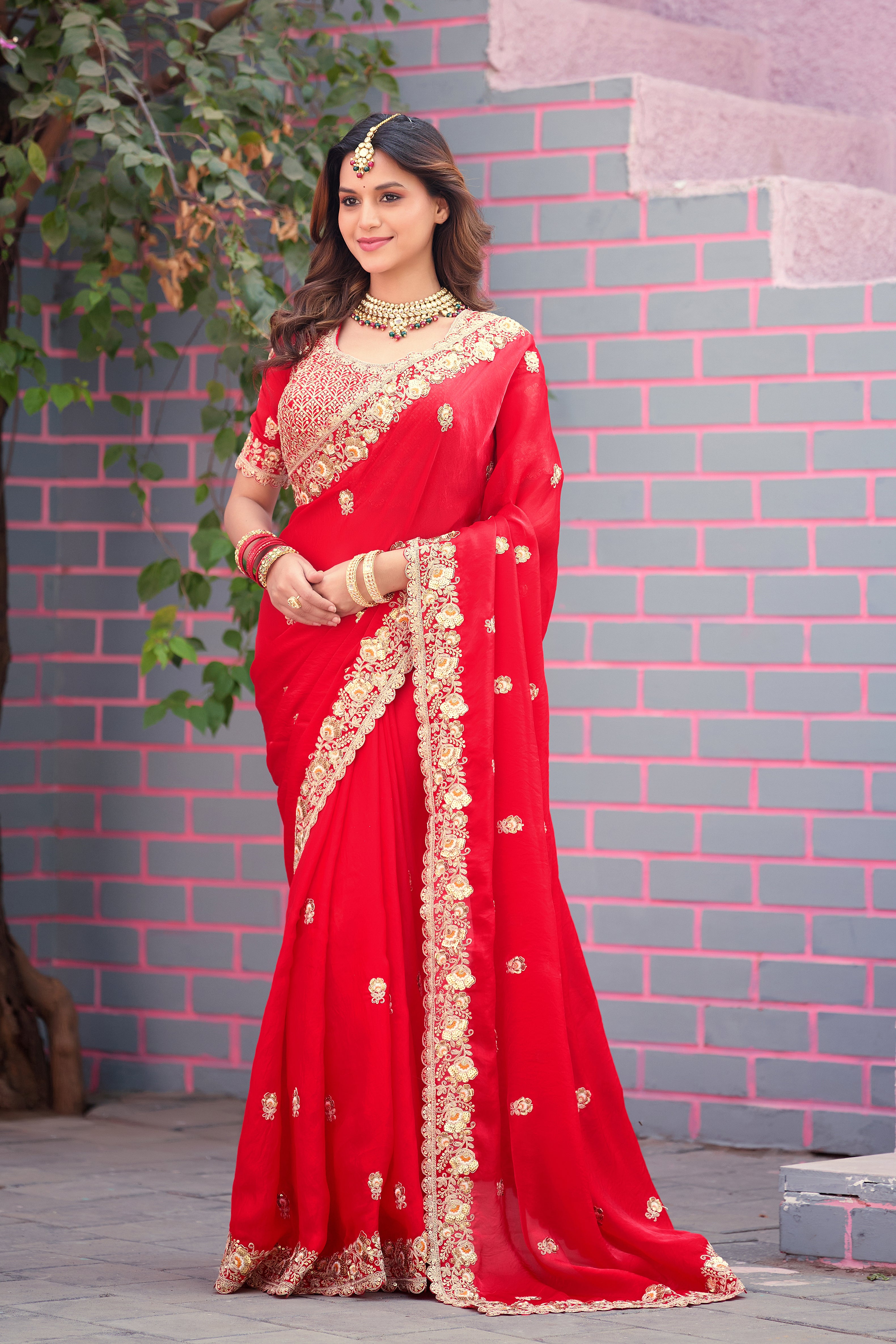 Resham Raaj Fandy Satin Embroidered Saree with Designer Blouse