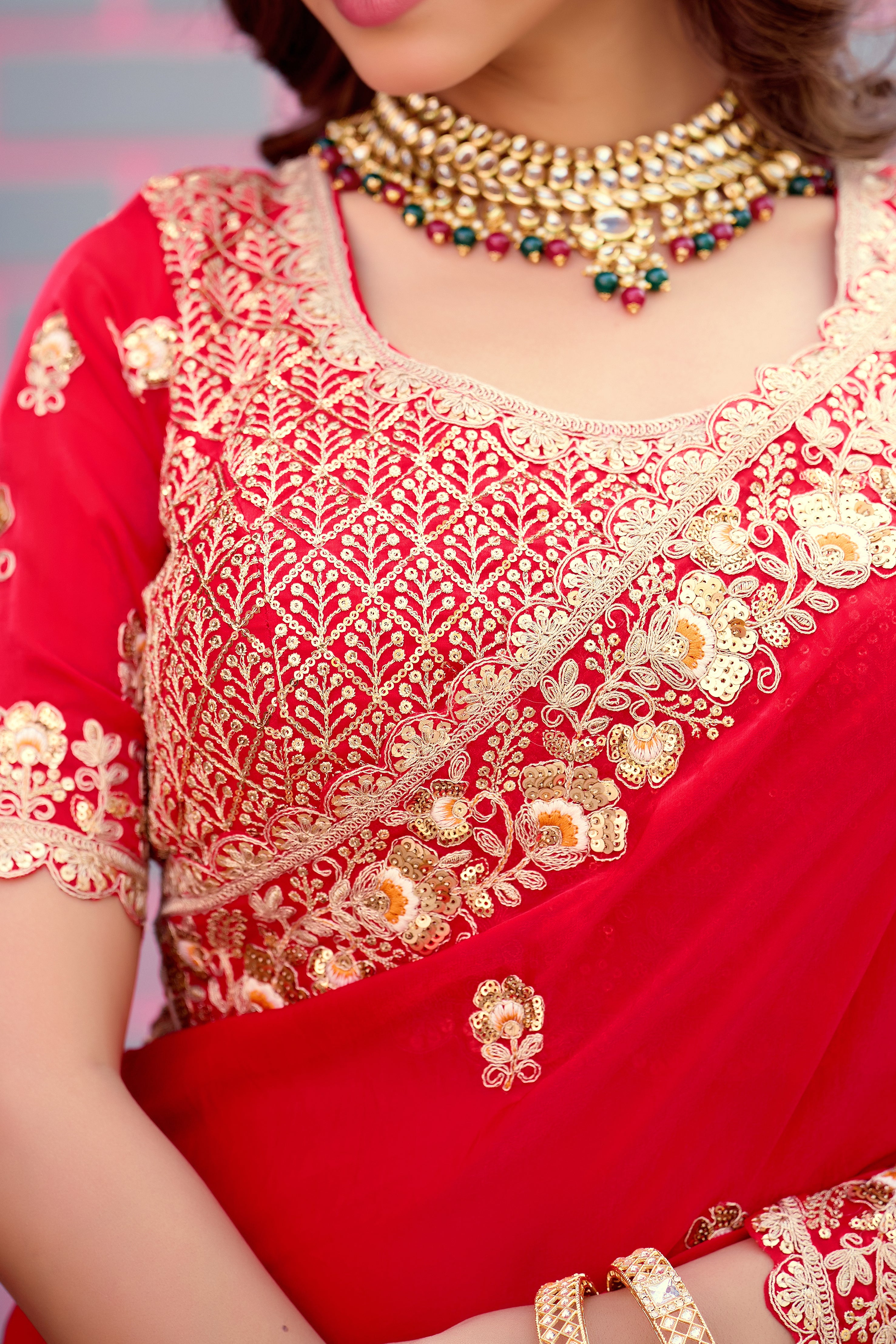 Resham Raaj Fandy Satin Embroidered Saree with Designer Blouse