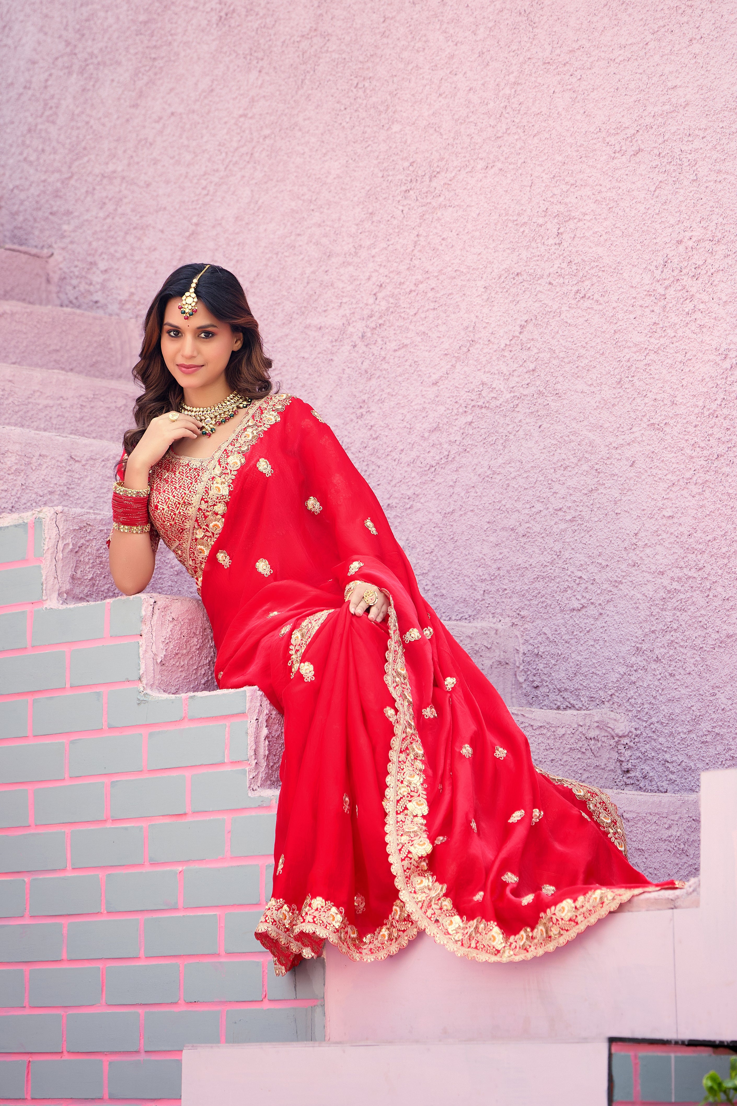 Resham Raaj Fandy Satin Embroidered Saree with Designer Blouse