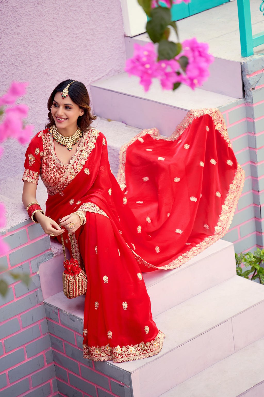 Resham Raaj Fandy Satin Embroidered Saree with Designer Blouse