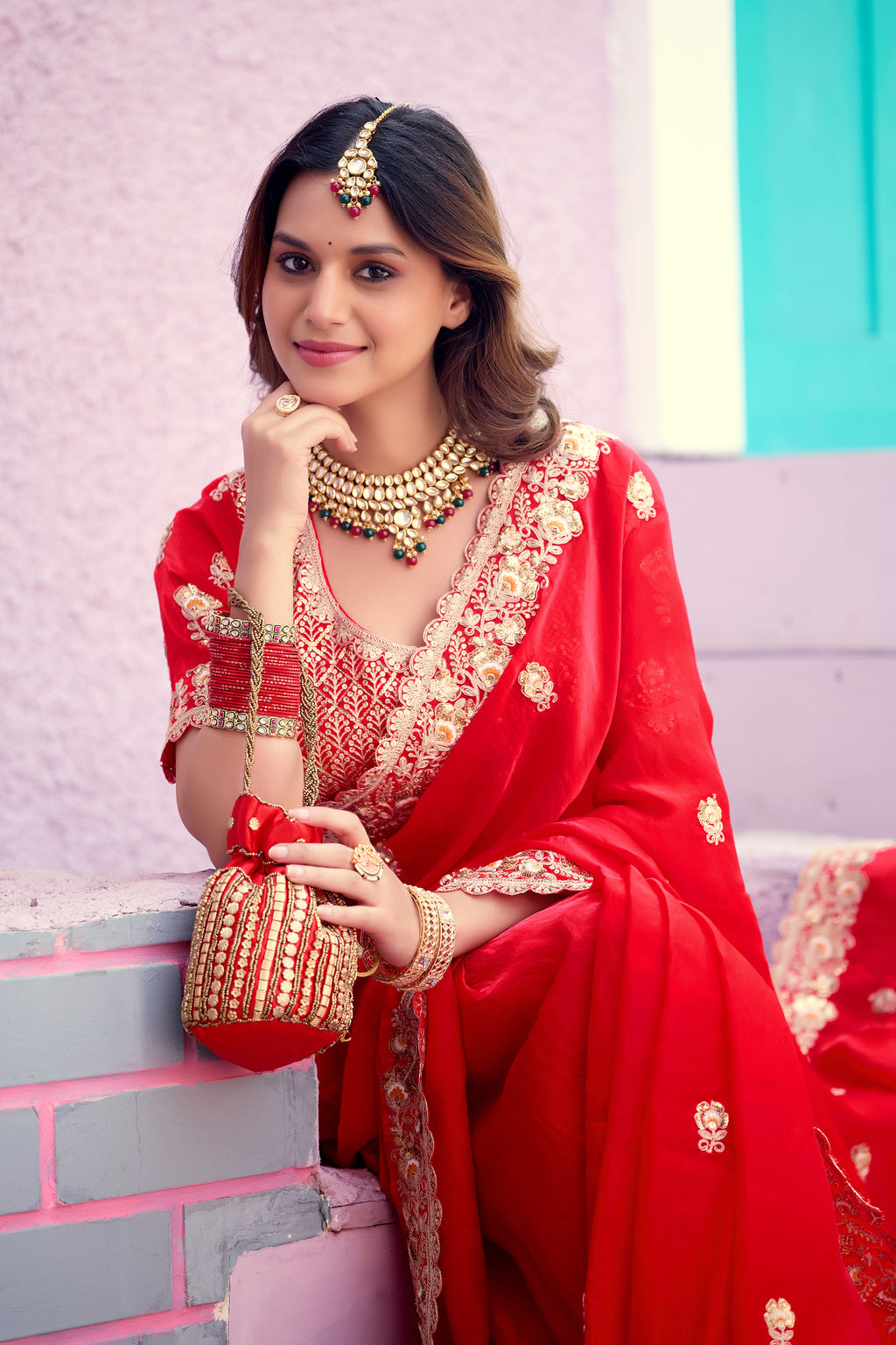 Resham Raaj Fandy Satin Embroidered Saree with Designer Blouse