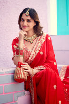 Resham Raaj Fandy Satin Embroidered Saree with Designer Blouse