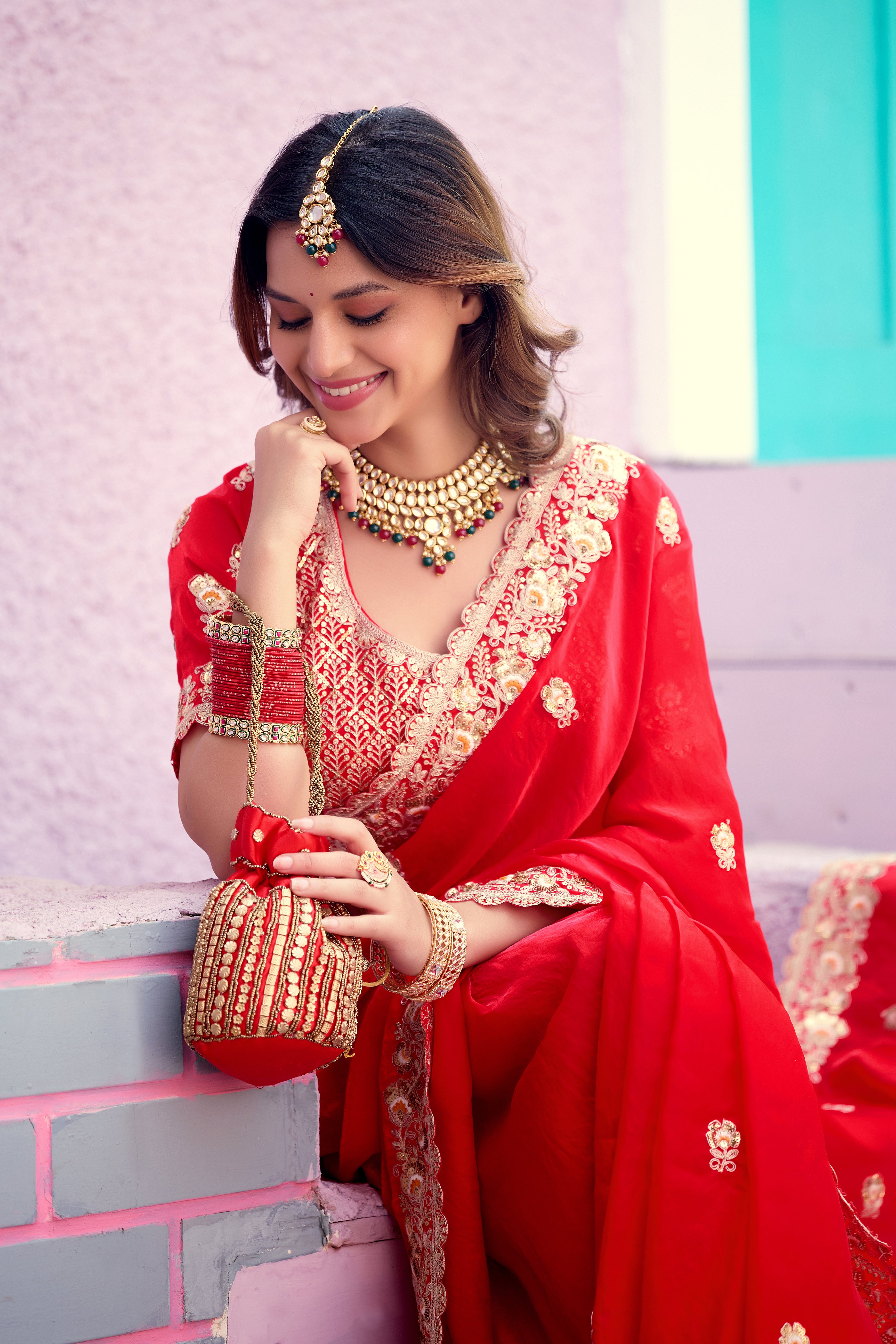 Resham Raaj Fandy Satin Embroidered Saree with Designer Blouse