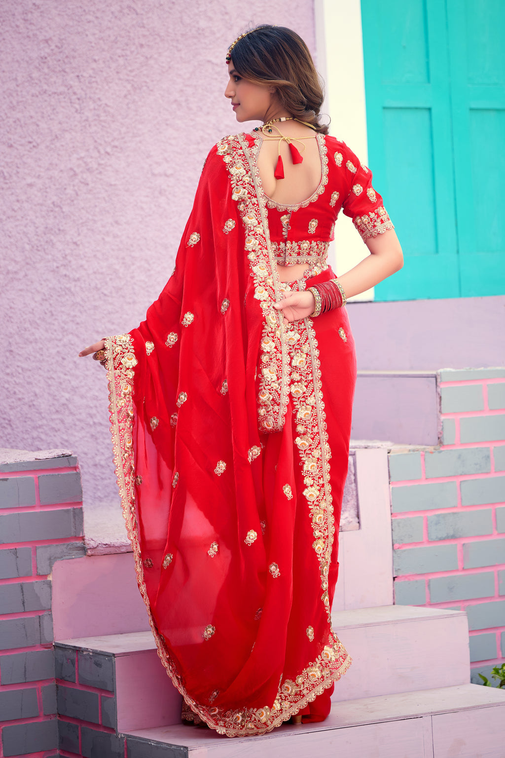 Resham Raaj Fandy Satin Embroidered Saree with Designer Blouse