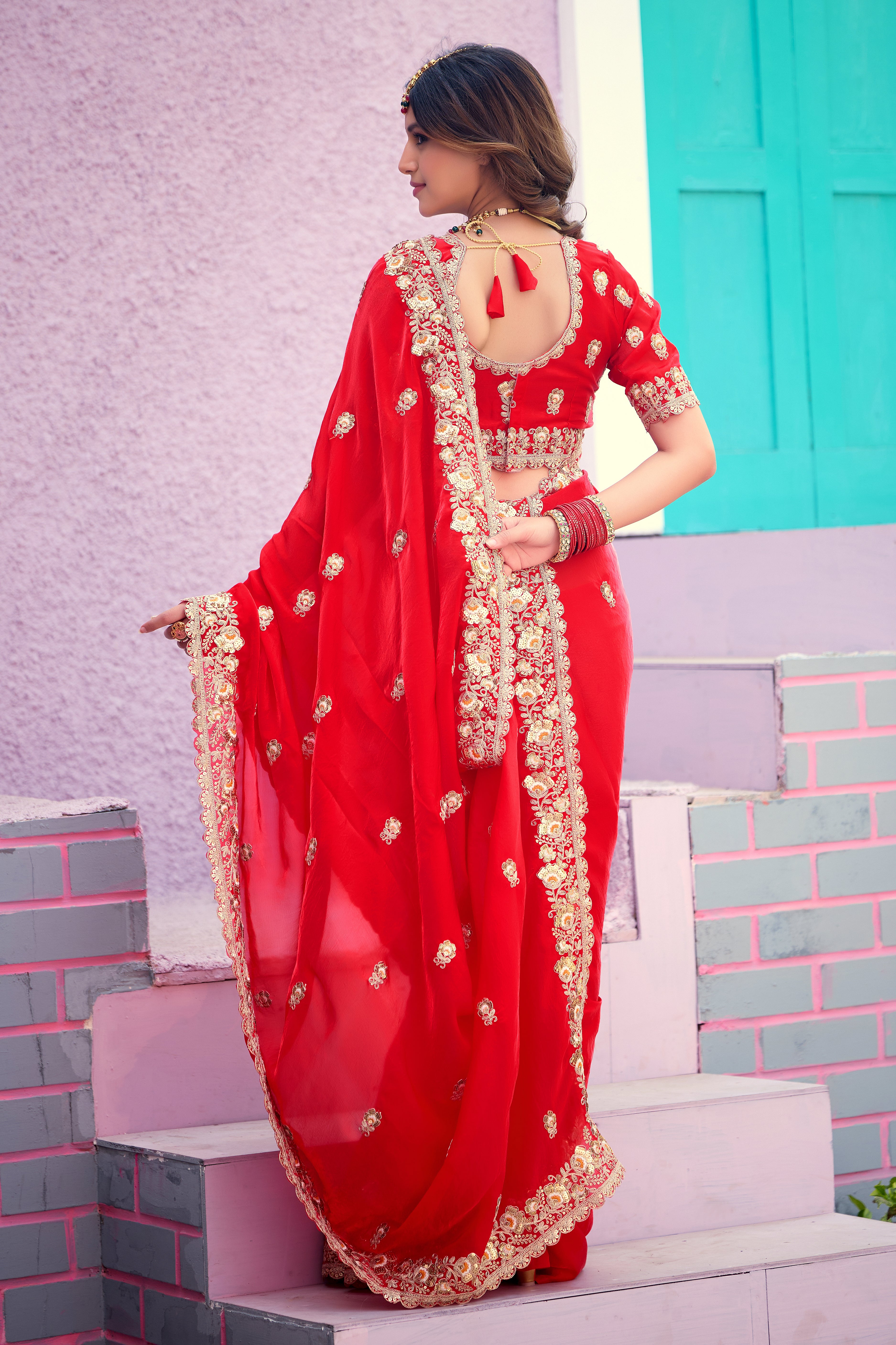 Resham Raaj Fandy Satin Embroidered Saree with Designer Blouse
