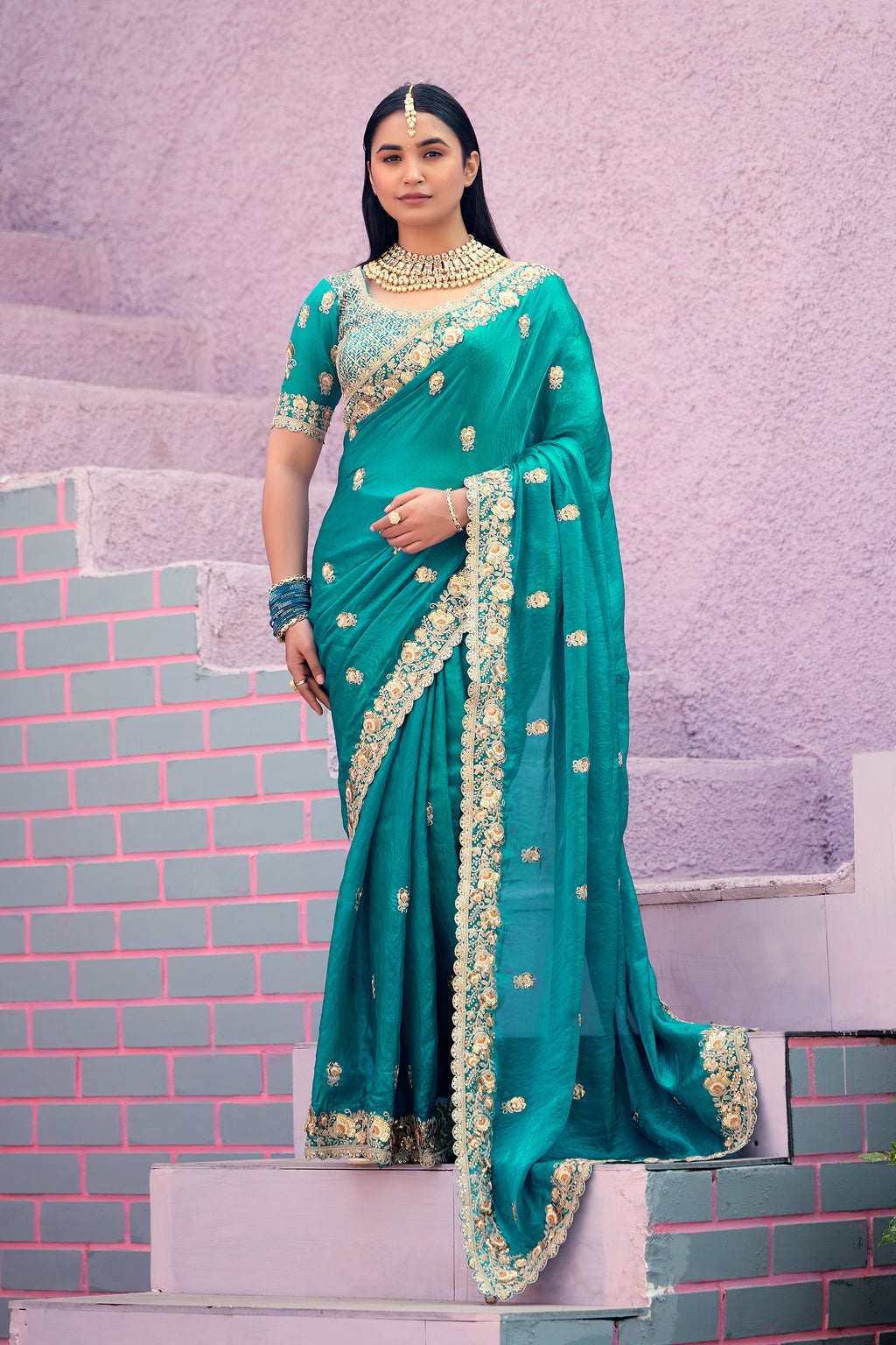 Resham Raaj Fandy Satin Embroidered Saree with Designer Blouse