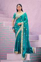 Resham Raaj Fandy Satin Embroidered Saree with Designer Blouse