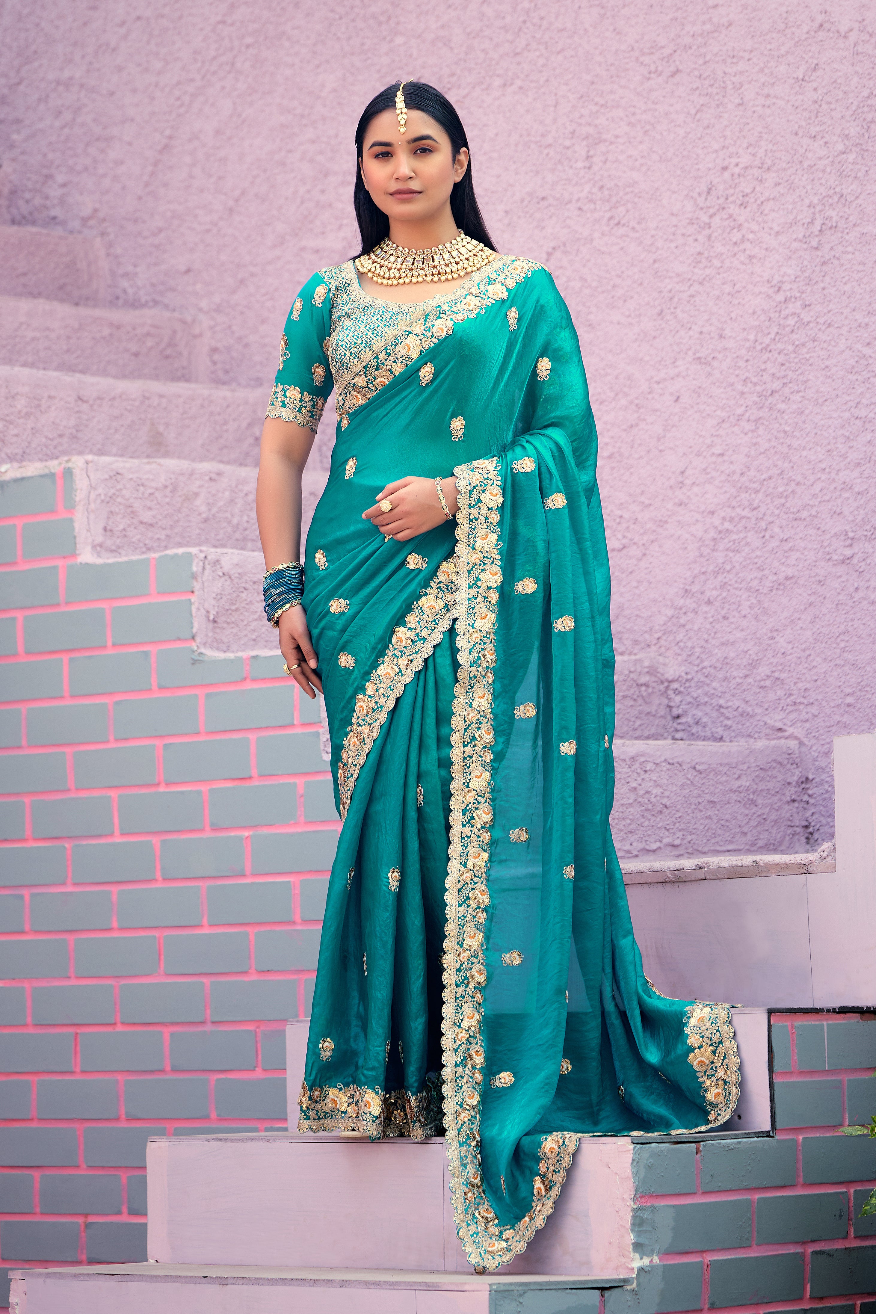 Resham Raaj Fandy Satin Embroidered Saree with Designer Blouse