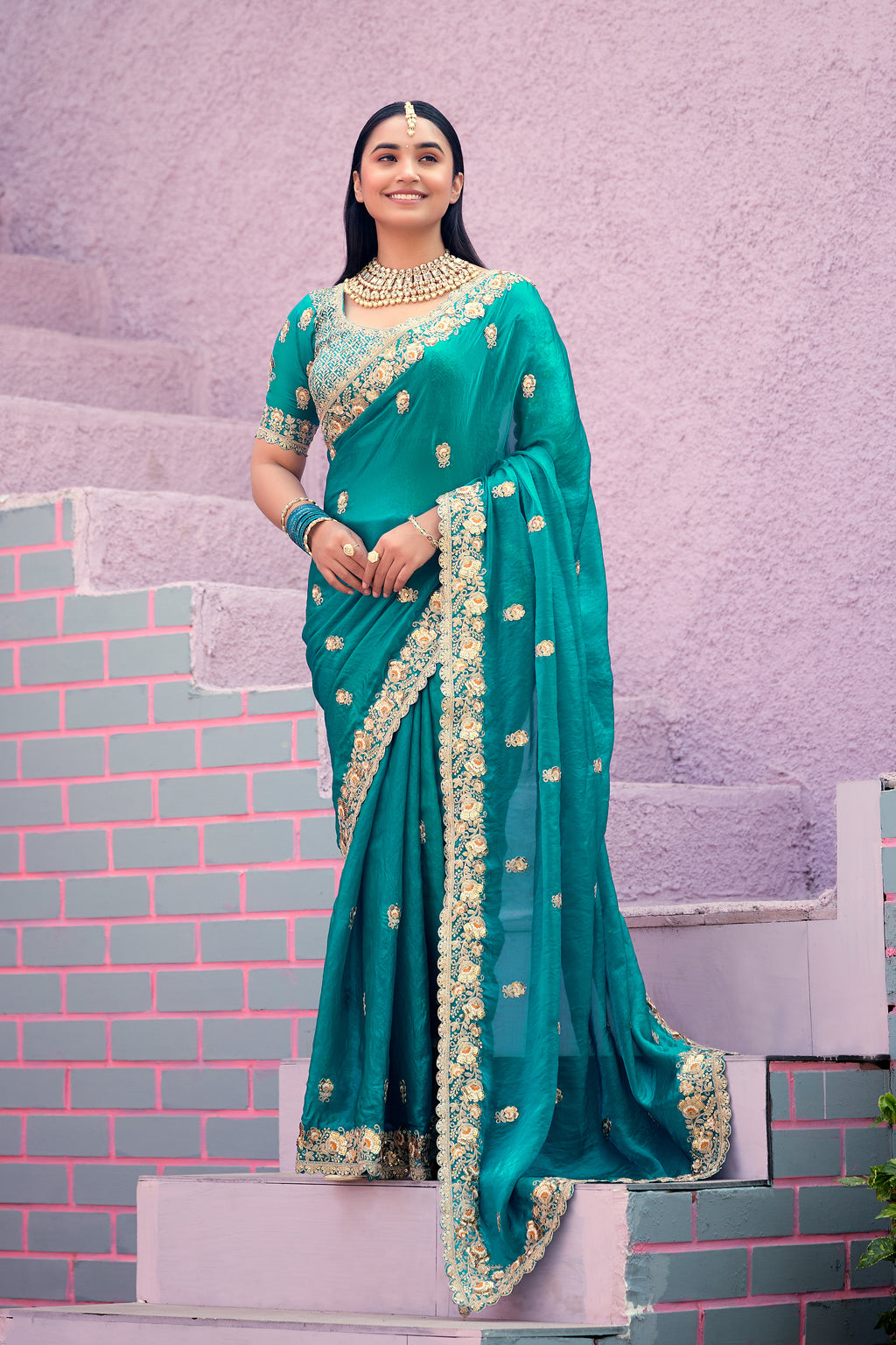 Resham Raaj Fandy Satin Embroidered Saree with Designer Blouse