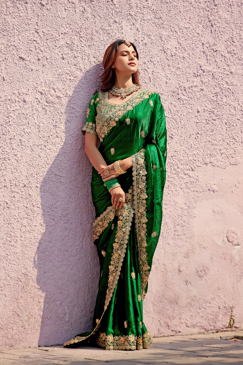 Resham Raaj Fandy Satin Embroidered Saree with Designer Blouse