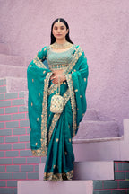 Resham Raaj Fandy Satin Embroidered Saree with Designer Blouse