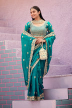 Resham Raaj Fandy Satin Embroidered Saree with Designer Blouse