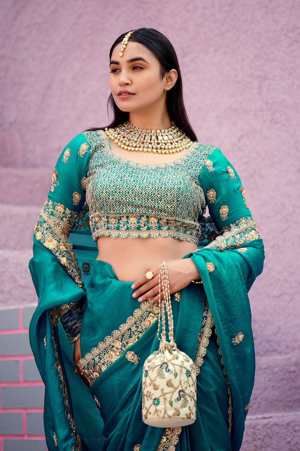 Resham Raaj Fandy Satin Embroidered Saree with Designer Blouse