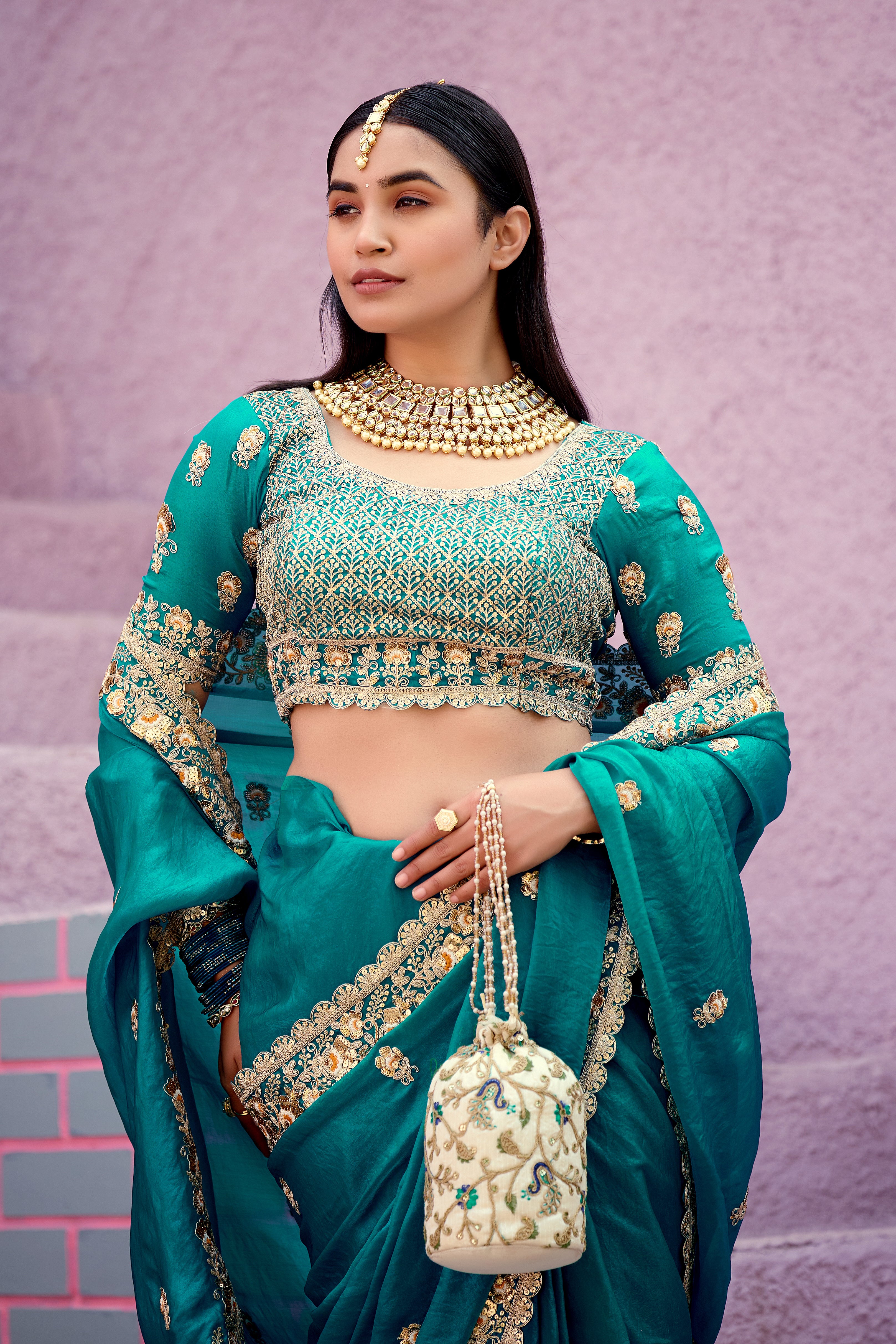 Resham Raaj Fandy Satin Embroidered Saree with Designer Blouse