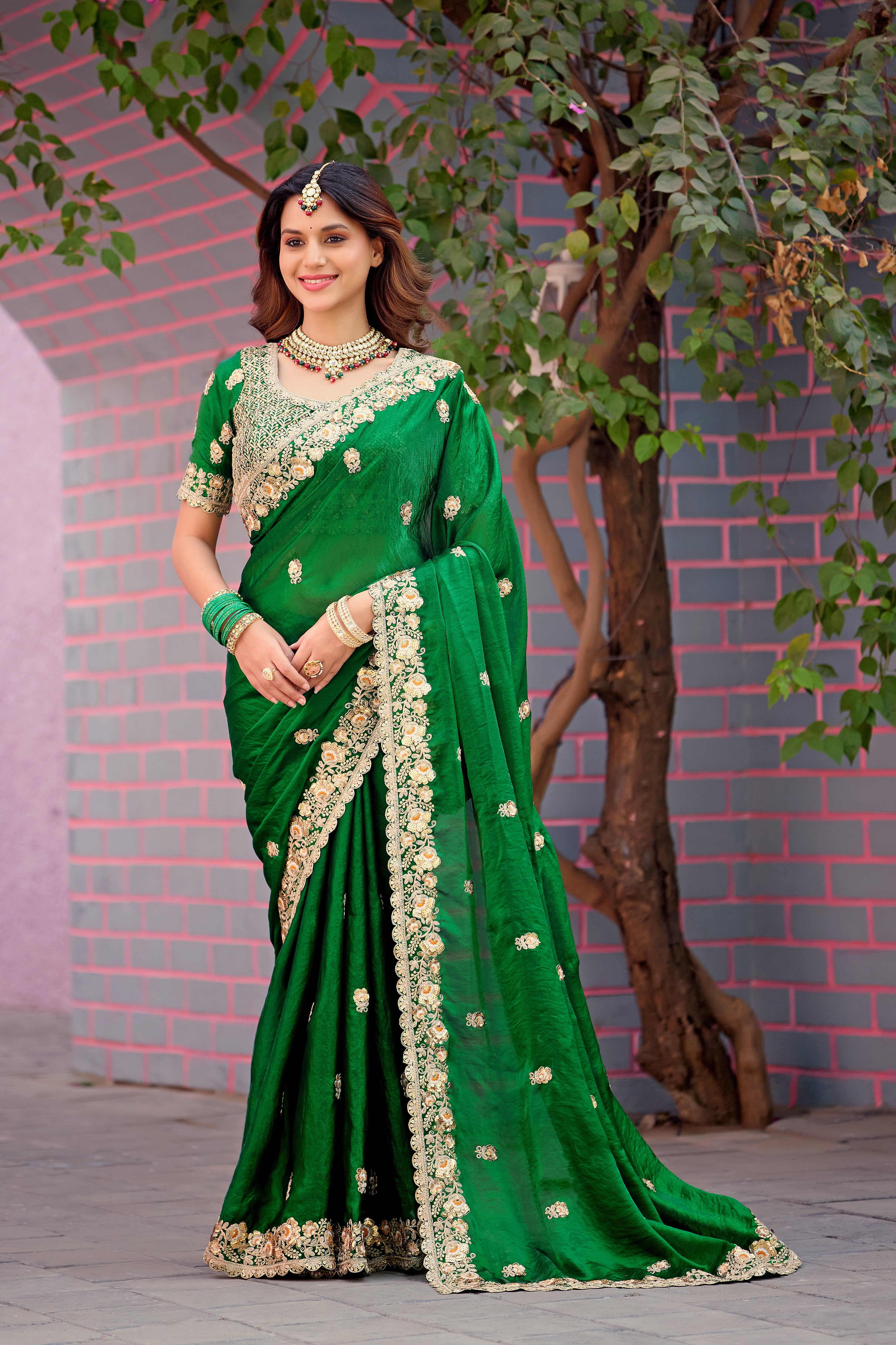 Resham Raaj Fandy Satin Embroidered Saree with Designer Blouse