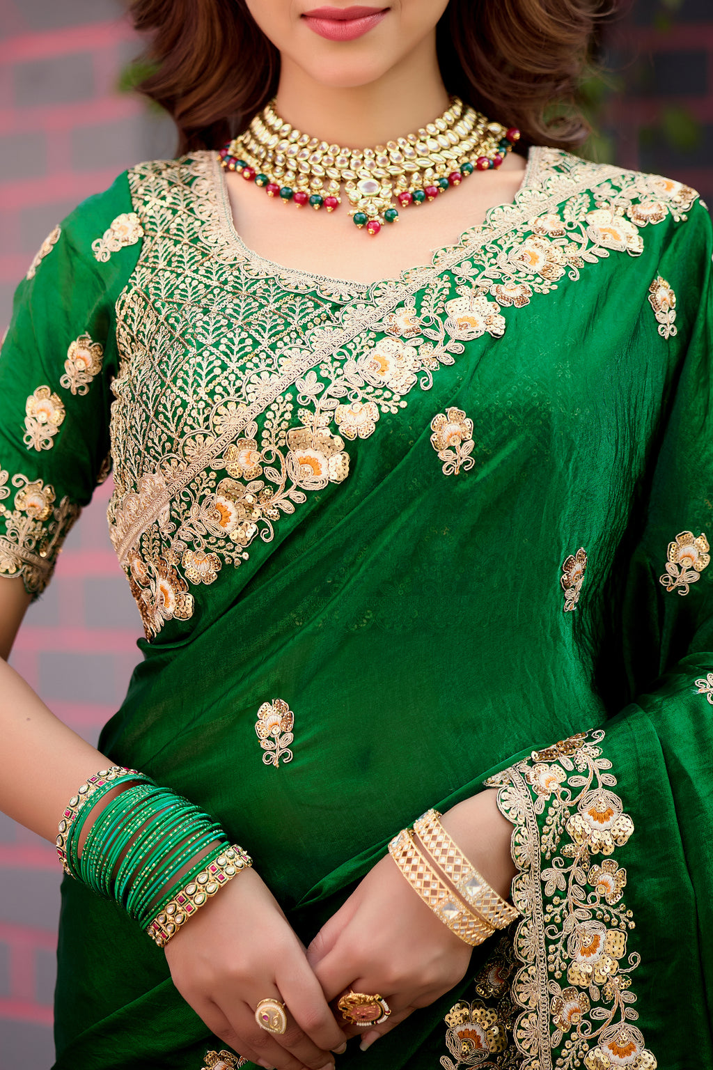 Resham Raaj Fandy Satin Embroidered Saree with Designer Blouse