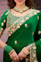 Resham Raaj Fandy Satin Embroidered Saree with Designer Blouse