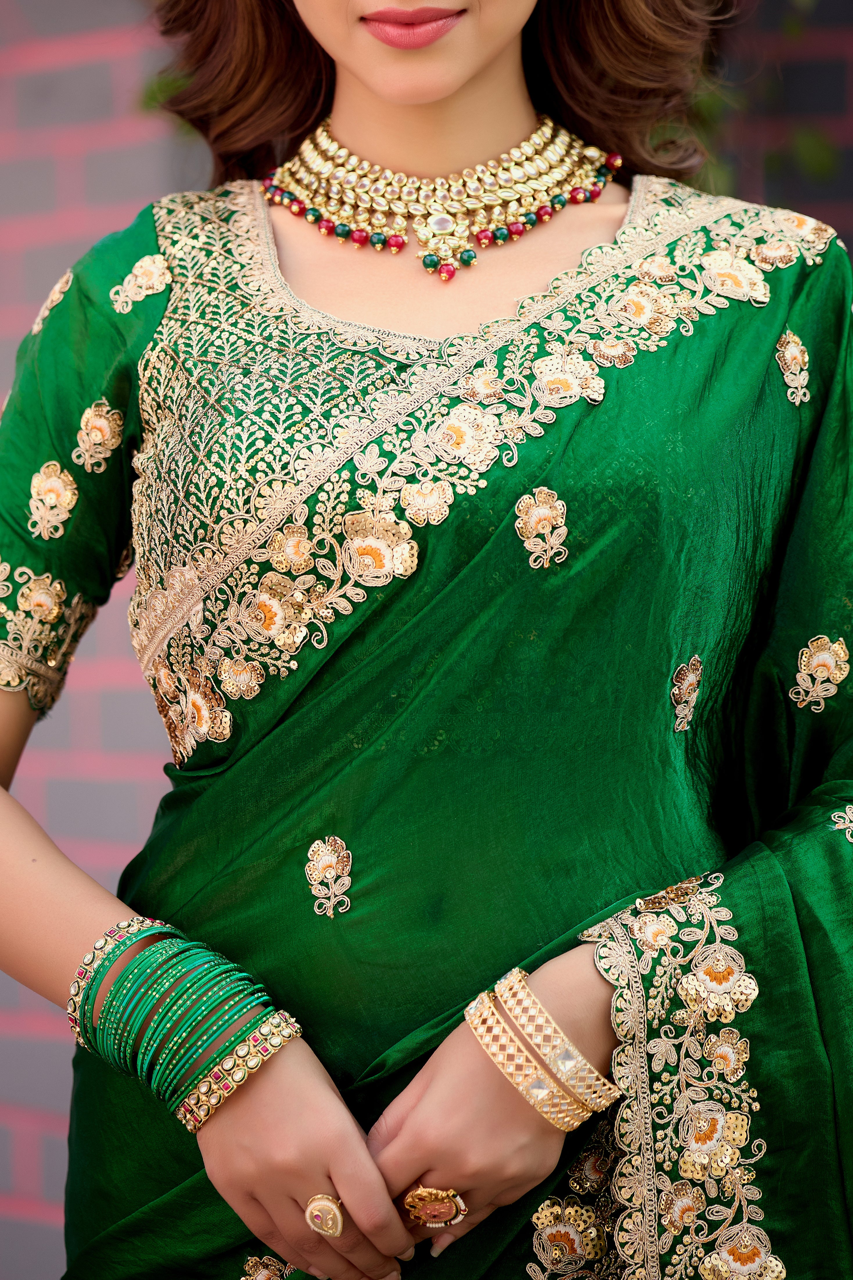 Resham Raaj Fandy Satin Embroidered Saree with Designer Blouse