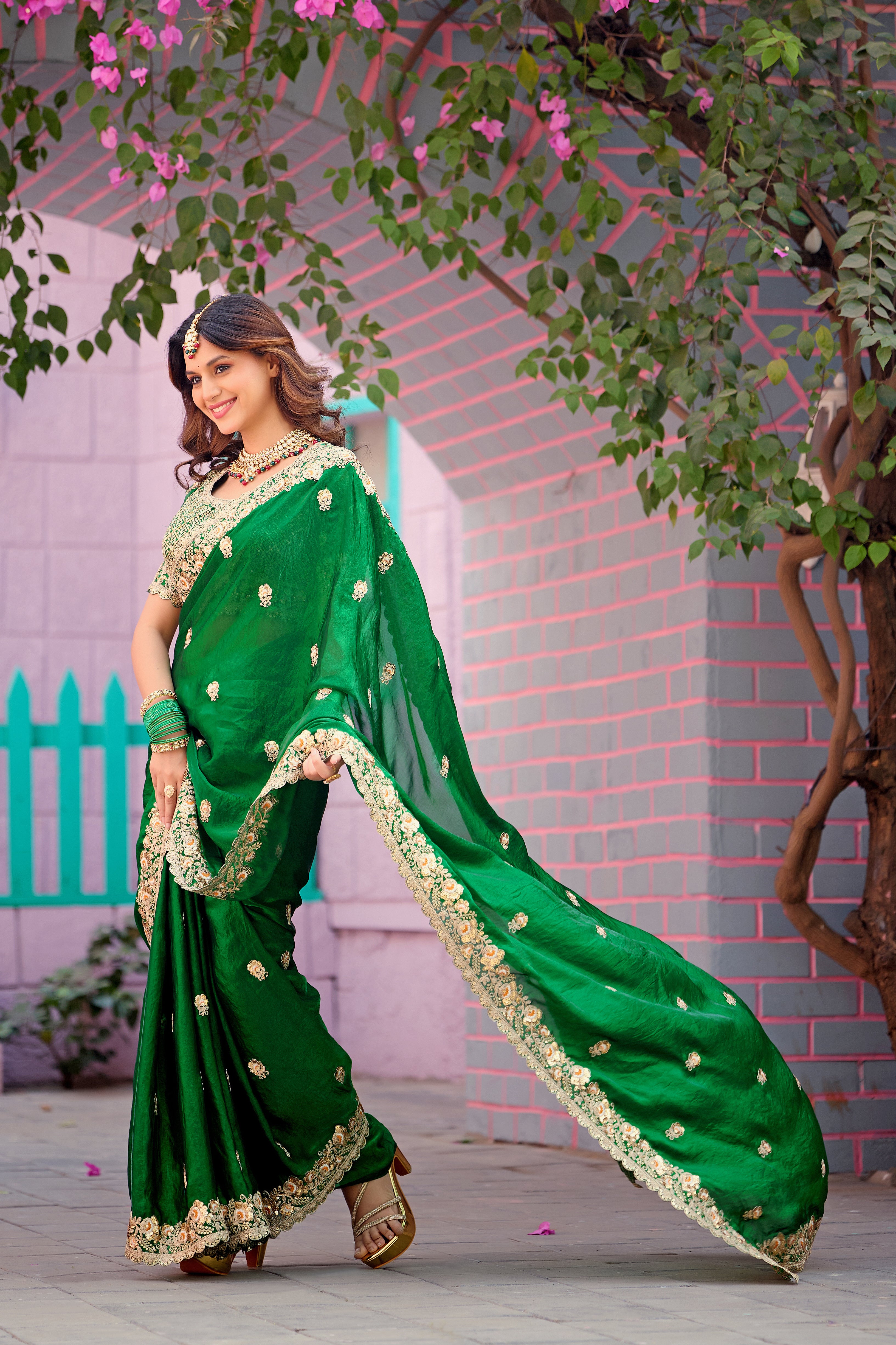 Resham Raaj Fandy Satin Embroidered Saree with Designer Blouse