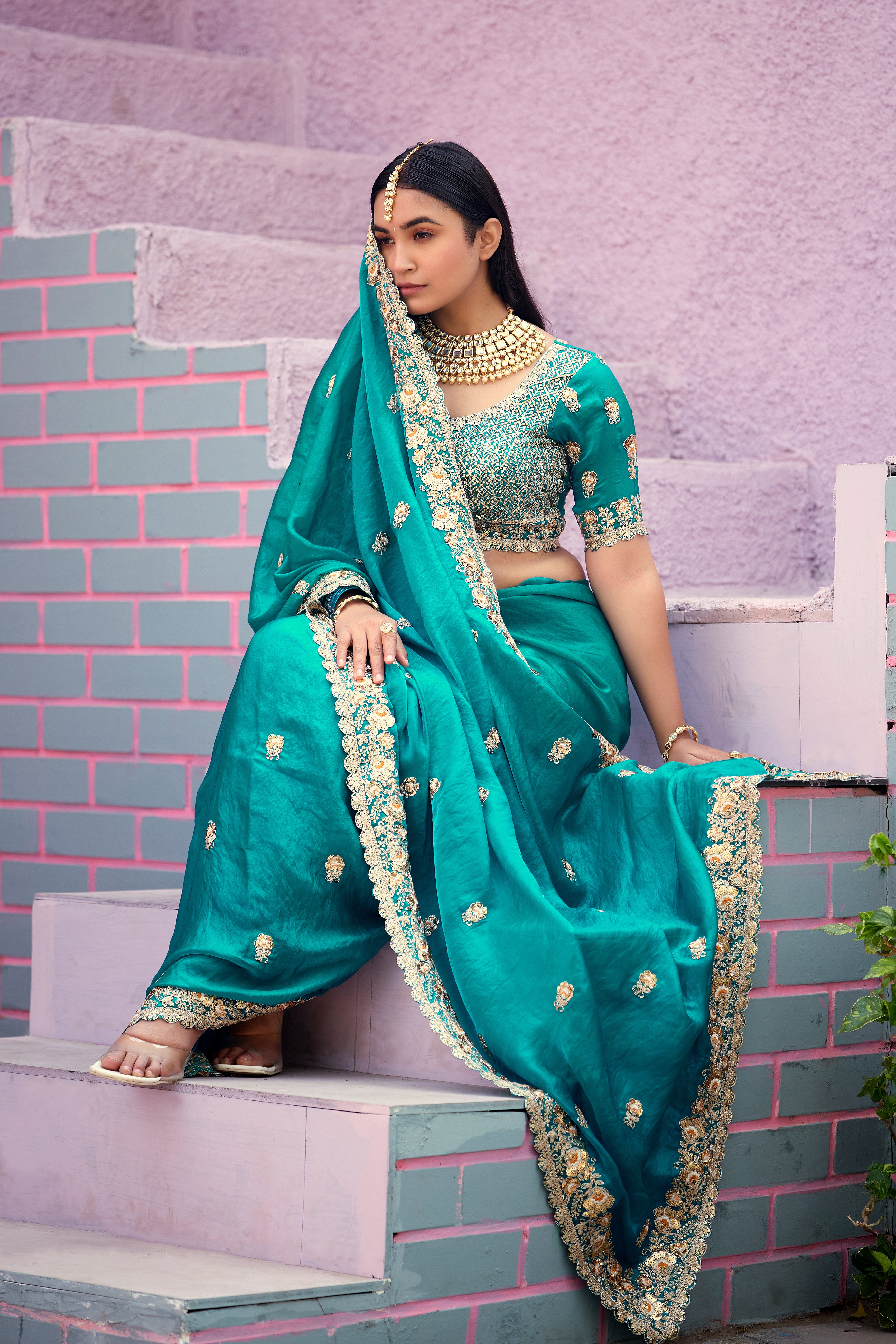 Resham Raaj Fandy Satin Embroidered Saree with Designer Blouse