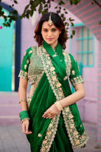 Resham Raaj Fandy Satin Embroidered Saree with Designer Blouse