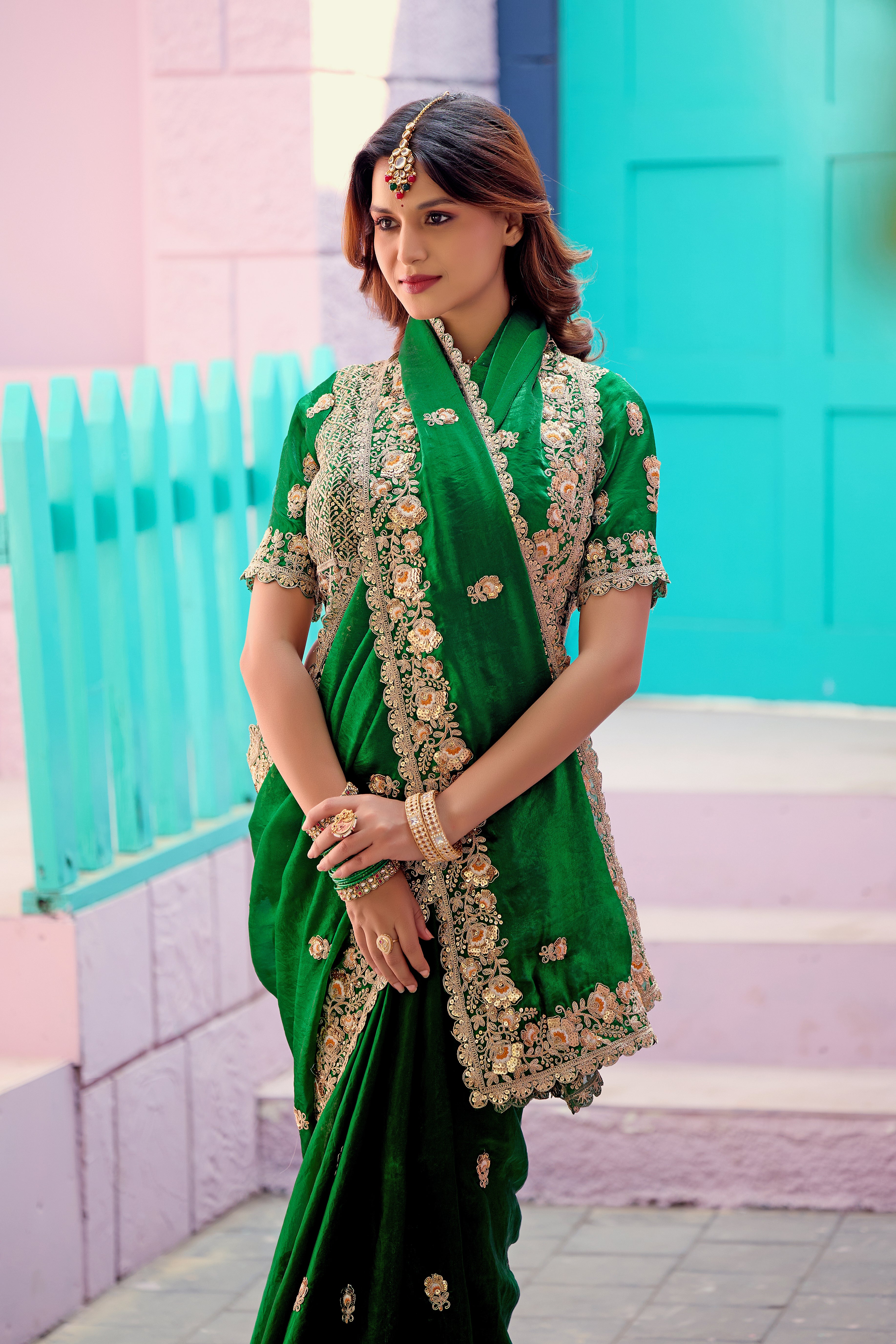 Resham Raaj Fandy Satin Embroidered Saree with Designer Blouse