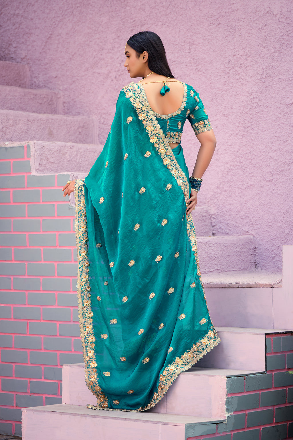 Resham Raaj Fandy Satin Embroidered Saree with Designer Blouse