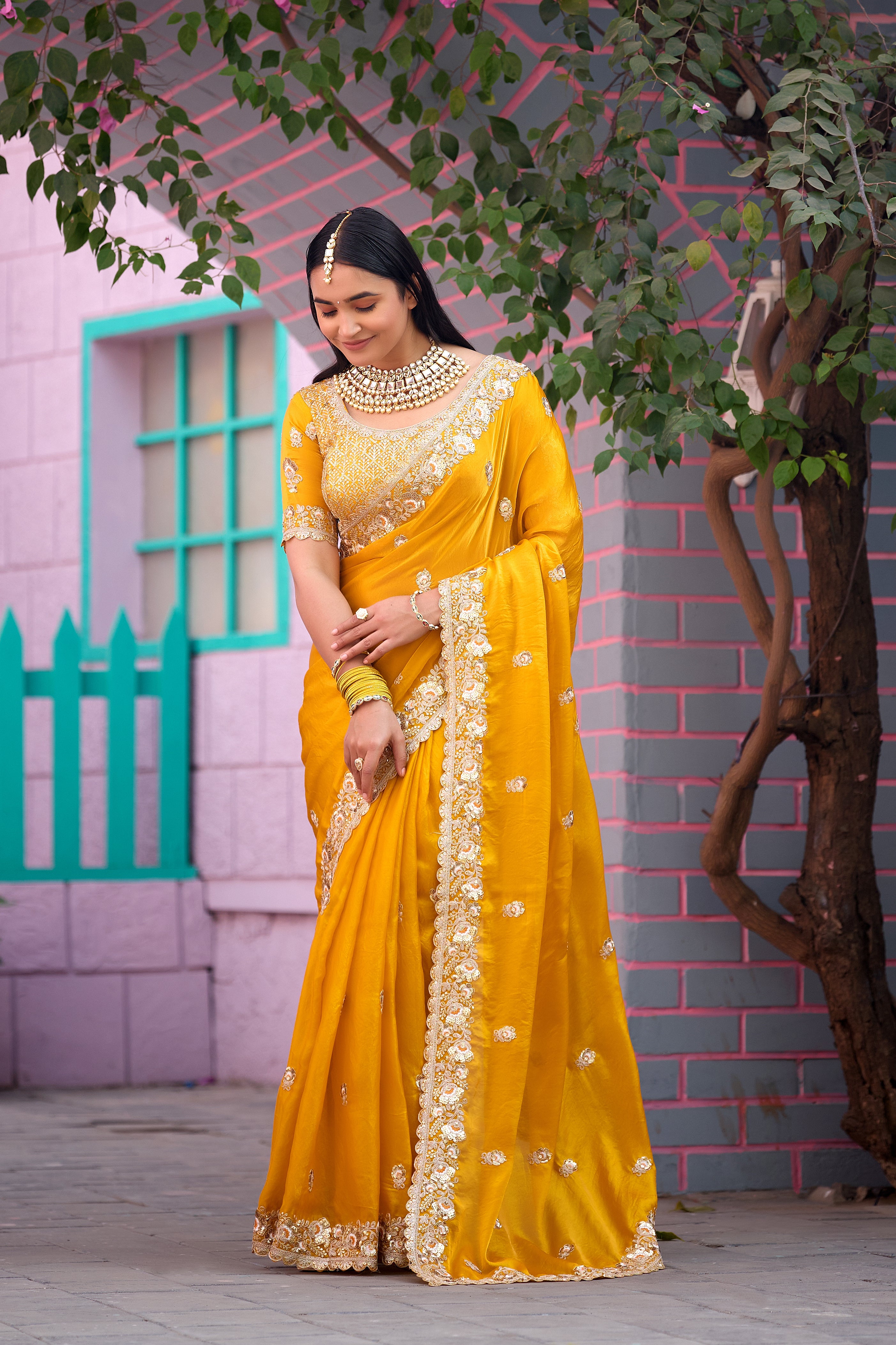 Resham Raaj Fandy Satin Embroidered Saree with Designer Blouse