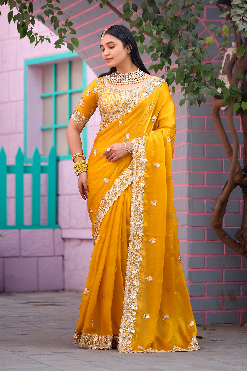 Resham Raaj Fandy Satin Embroidered Saree with Designer Blouse