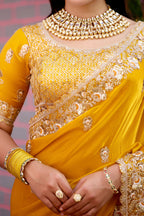 Resham Raaj Fandy Satin Embroidered Saree with Designer Blouse