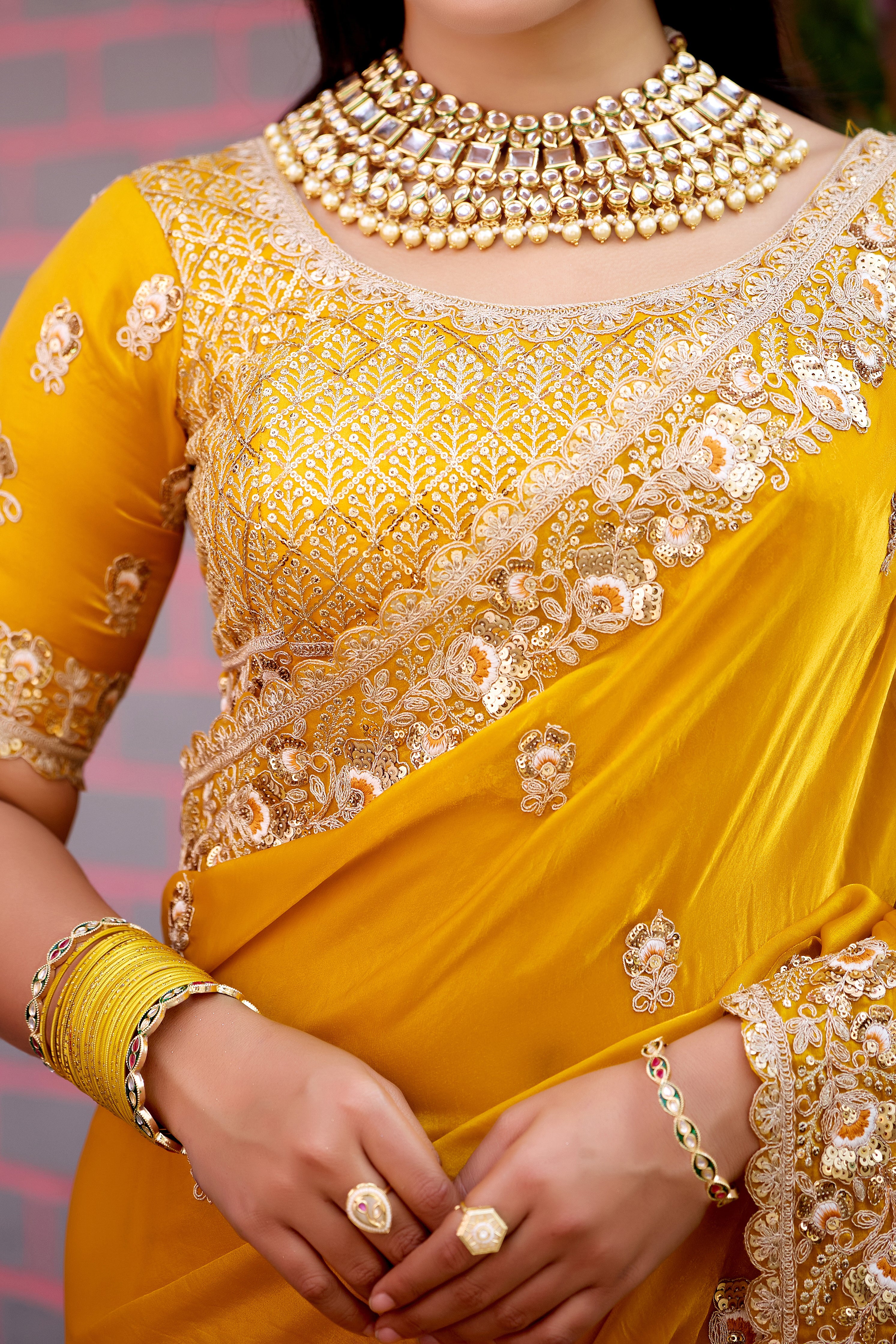 Resham Raaj Fandy Satin Embroidered Saree with Designer Blouse