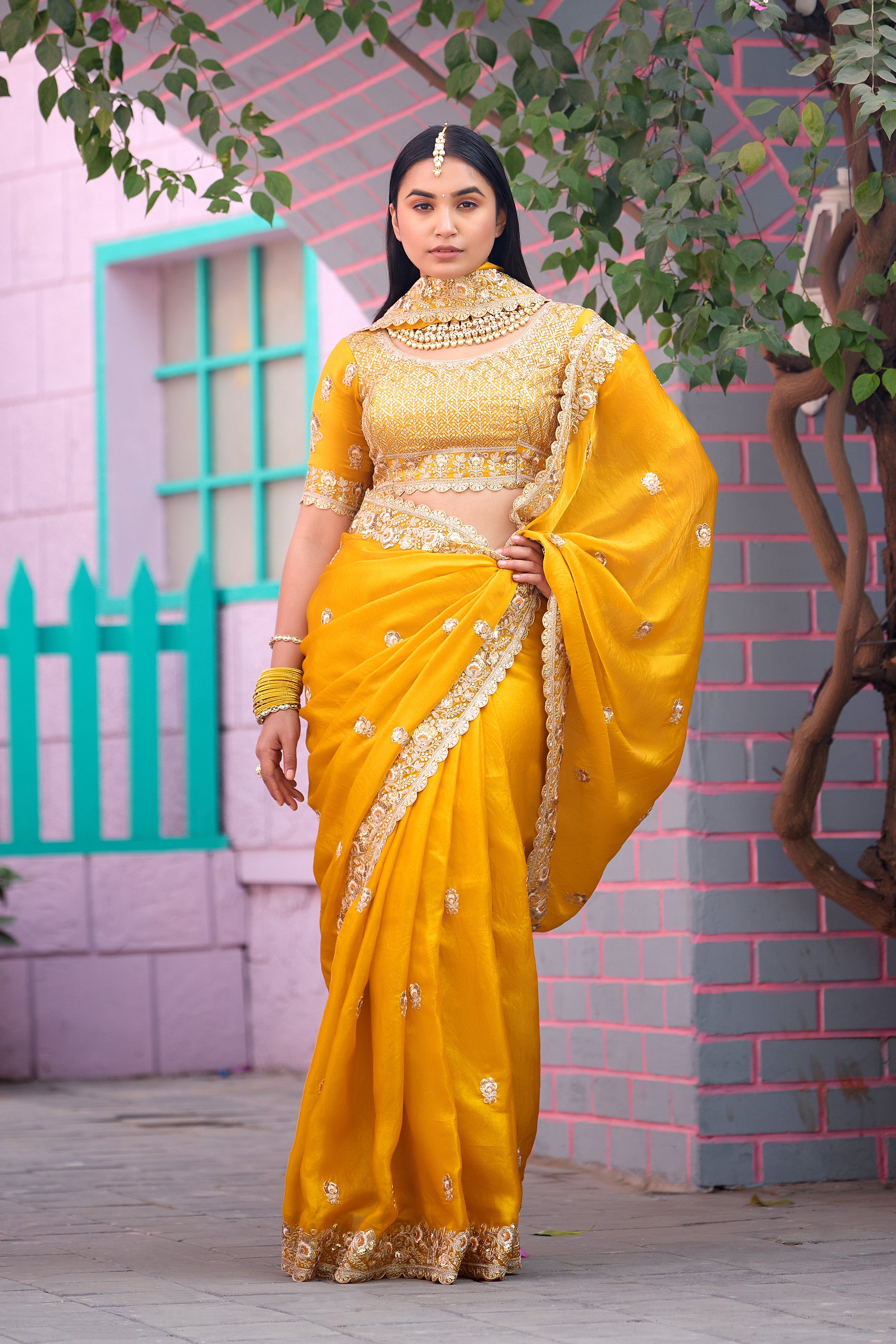 Resham Raaj Fandy Satin Embroidered Saree with Designer Blouse