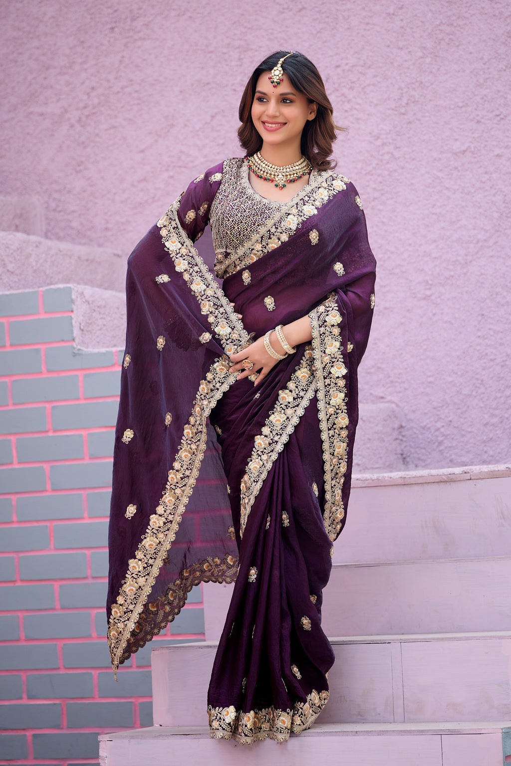 Resham Raaj Fandy Satin Embroidered Saree with Designer Blouse