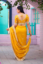 Resham Raaj Fandy Satin Embroidered Saree with Designer Blouse