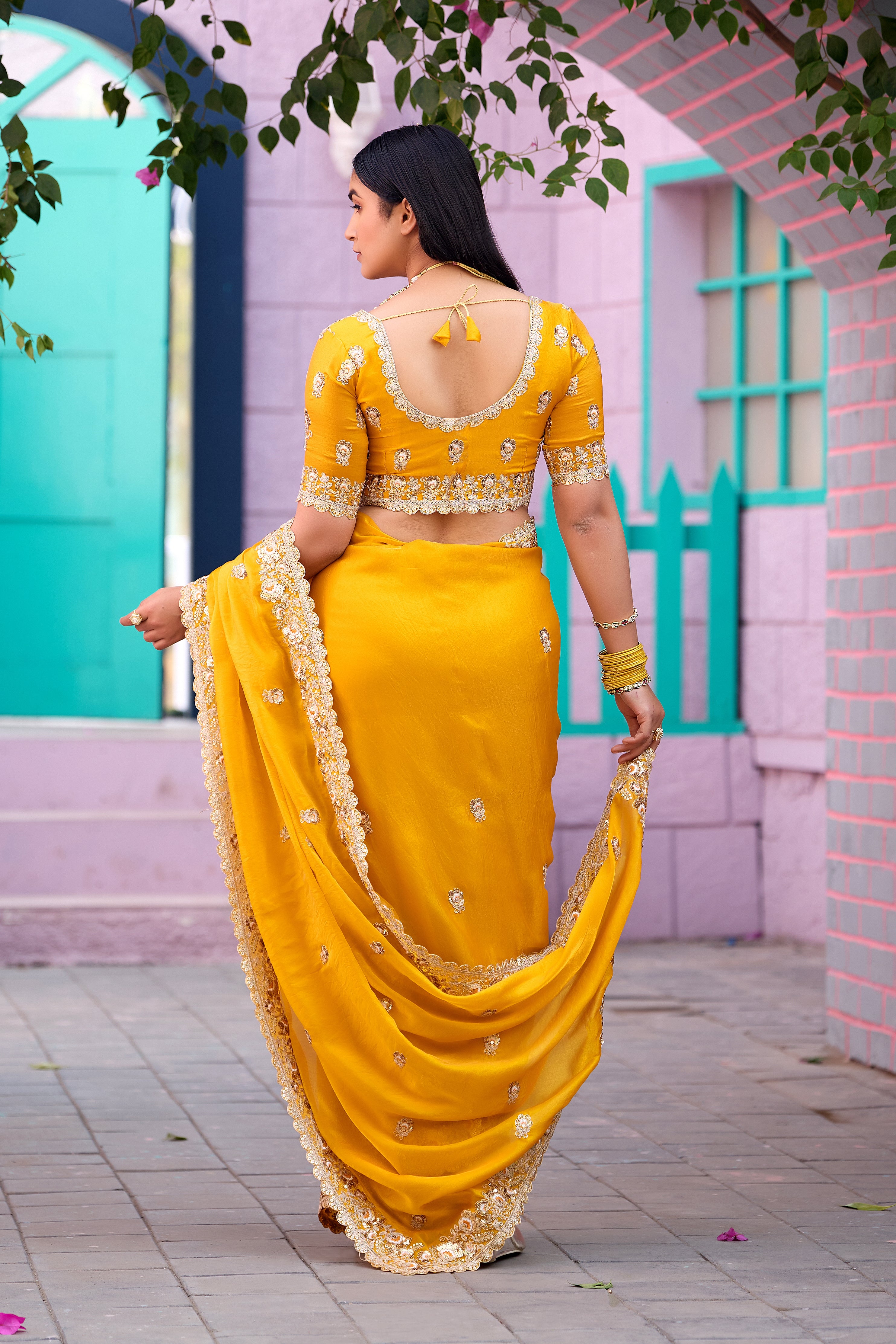 Resham Raaj Fandy Satin Embroidered Saree with Designer Blouse