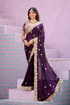 Resham Raaj Fandy Satin Embroidered Saree with Designer Blouse