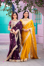 Resham Raaj Fandy Satin Embroidered Saree with Designer Blouse