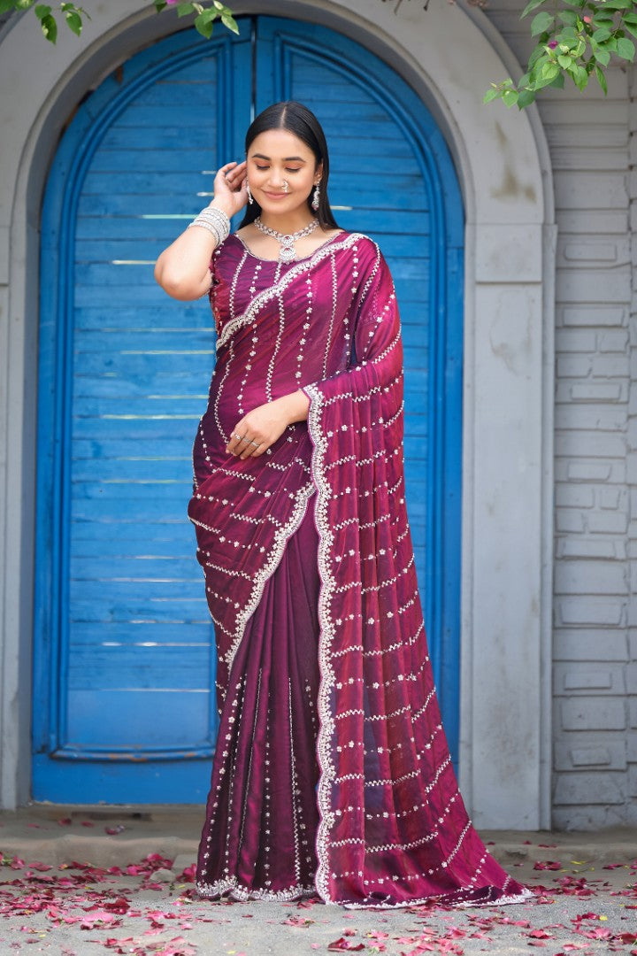 Heer Fandy Satin Embellished Saree with Designer Blouse – Elegant Festive & Party Wear