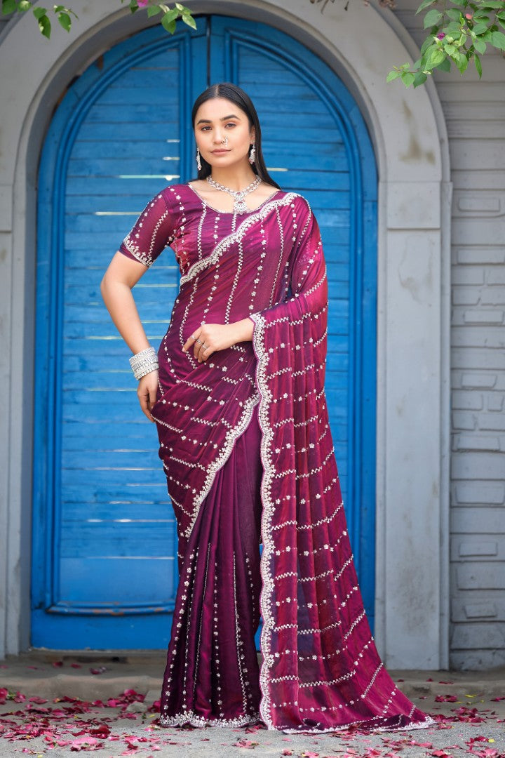 Heer Fandy Satin Embellished Saree with Designer Blouse – Elegant Festive & Party Wear