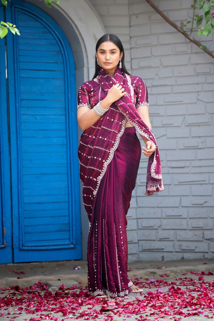 Heer Fandy Satin Embellished Saree with Designer Blouse – Elegant Festive & Party Wear