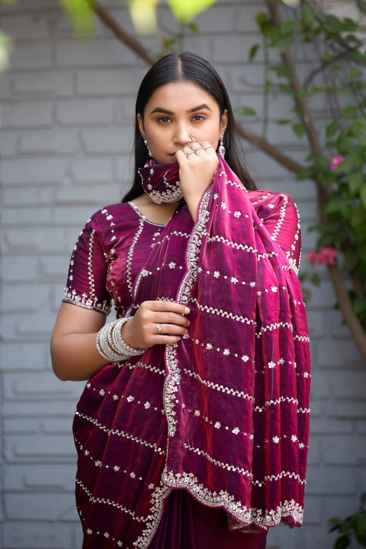 Heer Fandy Satin Embellished Saree with Designer Blouse – Elegant Festive & Party Wear