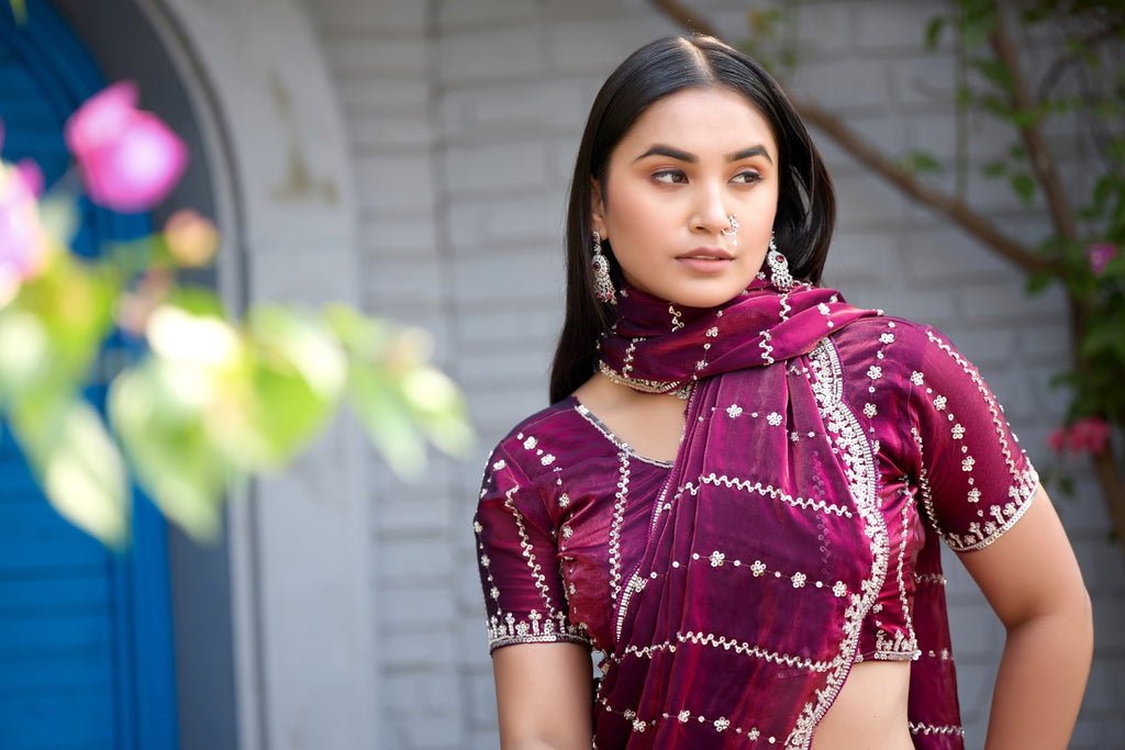 Heer Fandy Satin Embellished Saree with Designer Blouse – Elegant Festive & Party Wear